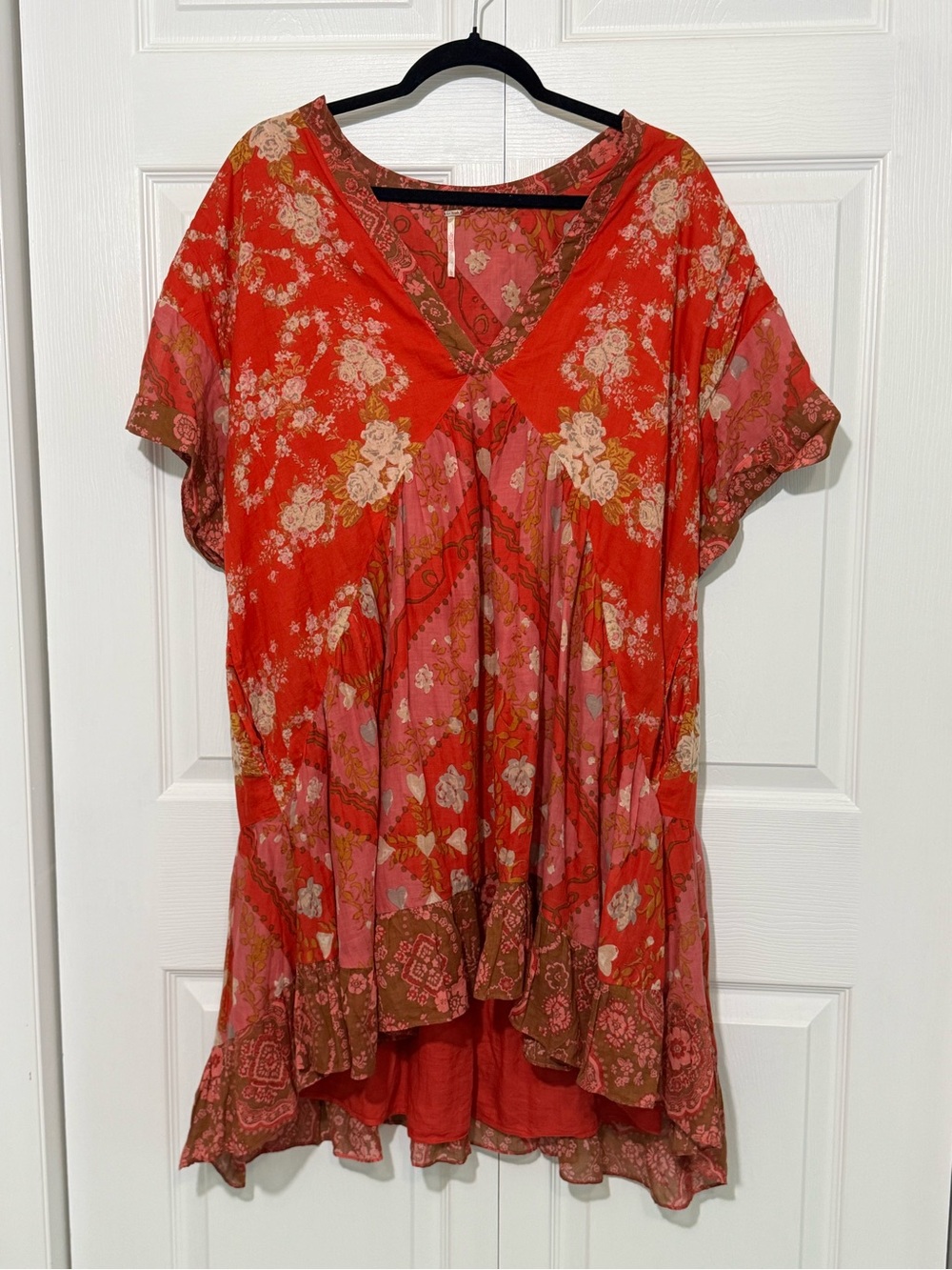 Free People Coral Red & Pink Floral V-Neck Agnes Mini Dress